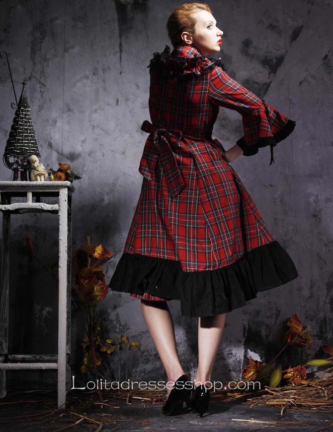 Red Plaid And Black Ruffles Turndown Collar Long Sleeves Punk Style Lolita Dress