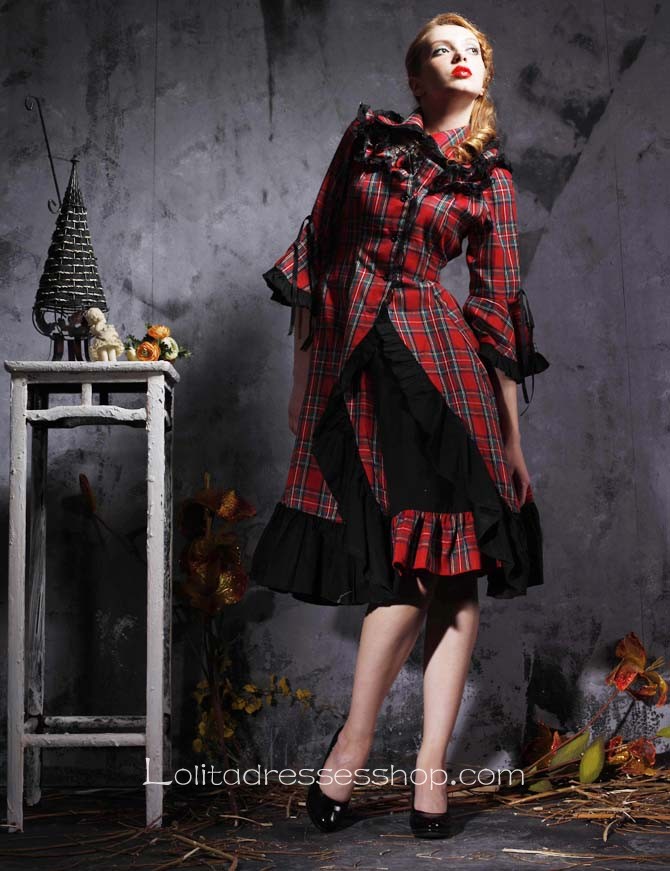 Red Plaid And Black Ruffles Turndown Collar Long Sleeves Punk Style Lolita Dress