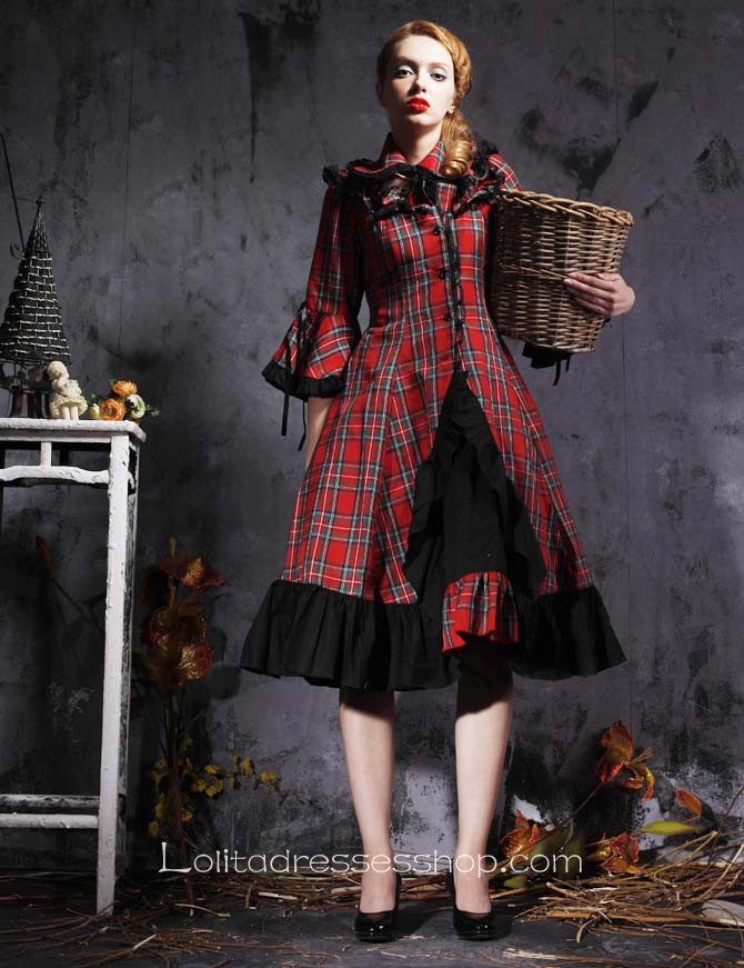 Red Plaid And Black Ruffles Turndown Collar Long Sleeves Punk Style Lolita Dress