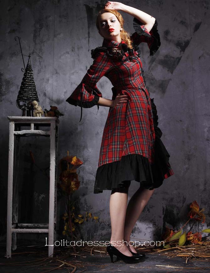 Red Plaid And Black Ruffles Turndown Collar Long Sleeves Punk Style Lolita Dress