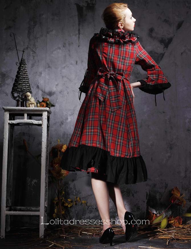 Red Plaid And Black Ruffles Turndown Collar Long Sleeves Punk Style Lolita Dress