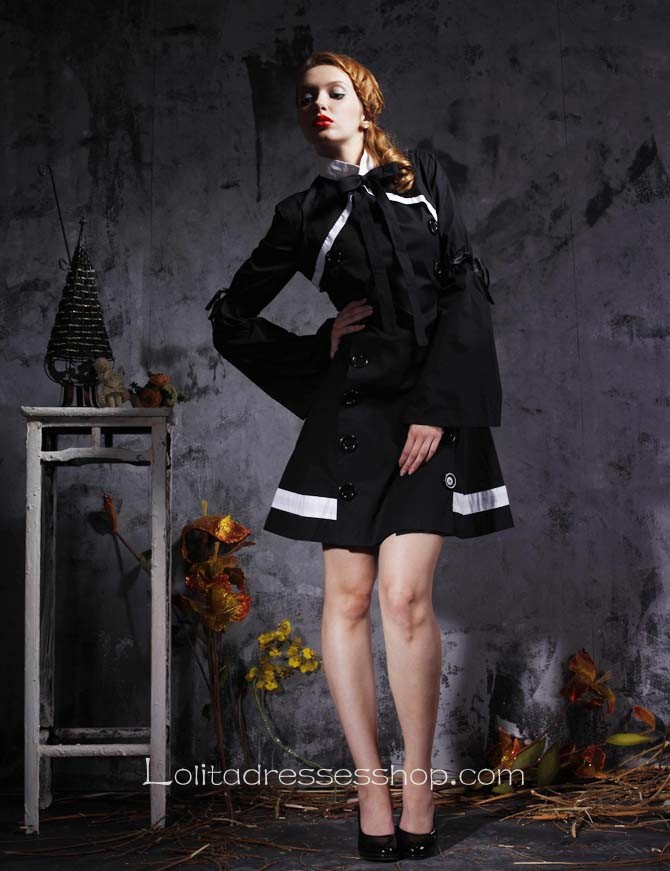 Black Turndown Collar Long Sleeves Knee-length Cotton Punk Lolita Dress With Bow Style