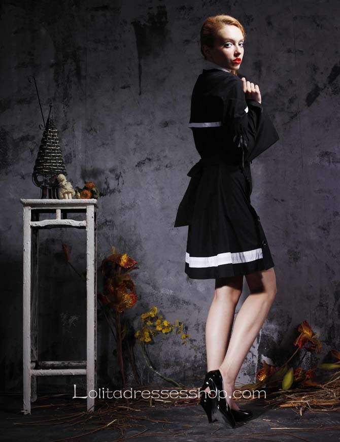 Black Turndown Collar Long Sleeves Knee-length Cotton Punk Lolita Dress With Bow Style