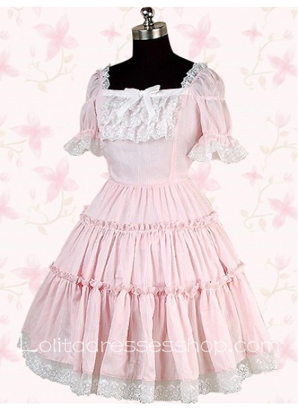 Pink Square Short Sleeves Knee-length Sweet Lolita Dress With Lace Pleated