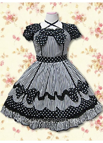 Stylish Black And White Square Short Sleeve Knee-length Sweet Lolita Dress With Bow Zebra Stripes