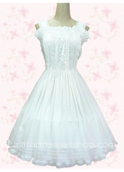 White Square Sleeveless Empire Knee-length Sweet Lolita Dress With Ruffles