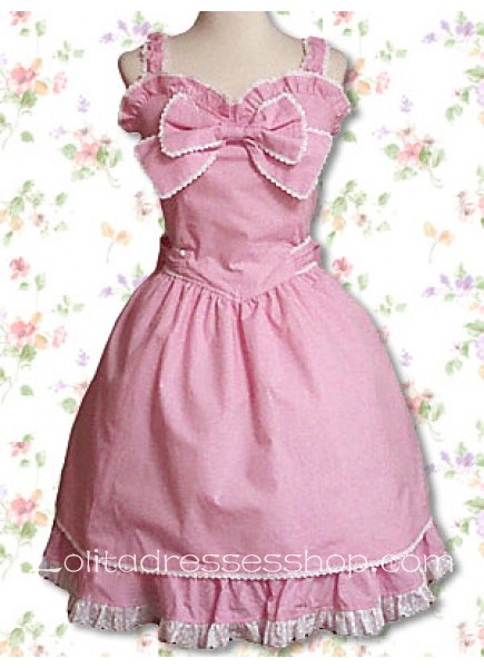 Pink Spaghetti Straps Sleeveless Knee-length Sweet Lolita Dress With Bow