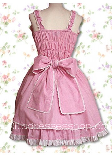 Pink Spaghetti Straps Sleeveless Knee-length Sweet Lolita Dress With Bow