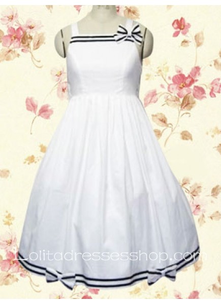 White Straps Sleeveless Tea-length Sweet Lolita Dress With Bow