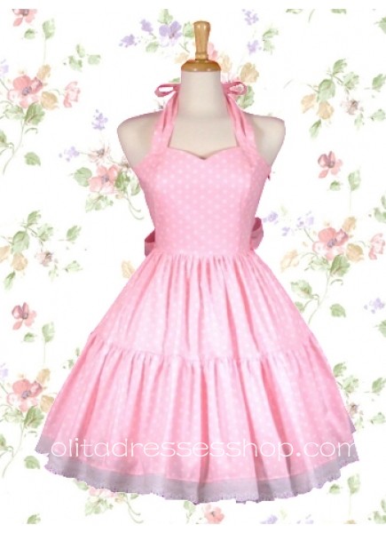 Pink Halter Sweetheart Neckline Sleeveless Sweet Lolita Dress With Vertical Pleats Style