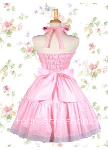Pink Halter Sweetheart Neckline Sleeveless Sweet Lolita Dress With Vertical Pleats Style