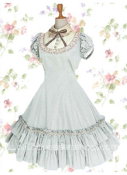 White Turndown Collar Short Sleeves Knee-length Cotton Sweet Lolita Dress With Vertical Pleats Style
