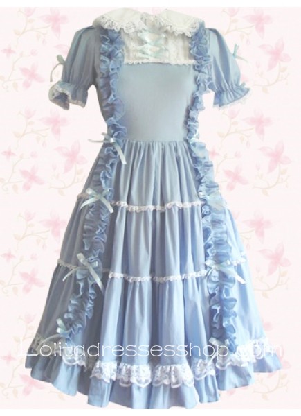 Sky Blue Stand Collar Short Sleeves Tea-length Sweet Lolita Dress With Ruffles