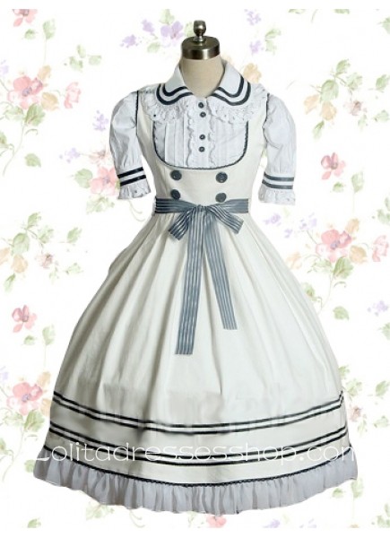 White Turndown Collar Empire Knee-length Cotton Sweet Lolita Dress With Sash