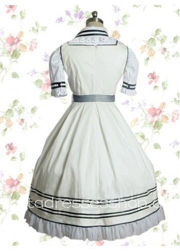 White Turndown Collar Empire Knee-length Cotton Sweet Lolita Dress With Sash