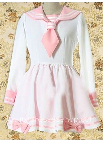 Sailor Style Pink And White Turndown Collar Long Sleeves School Lolita Dress