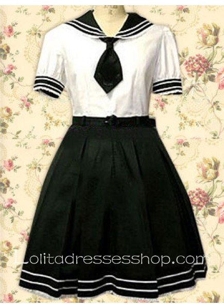 Sailor Style Black And White Turndown Collar Short Sleeve Cotton White Blouse And Black Skirt