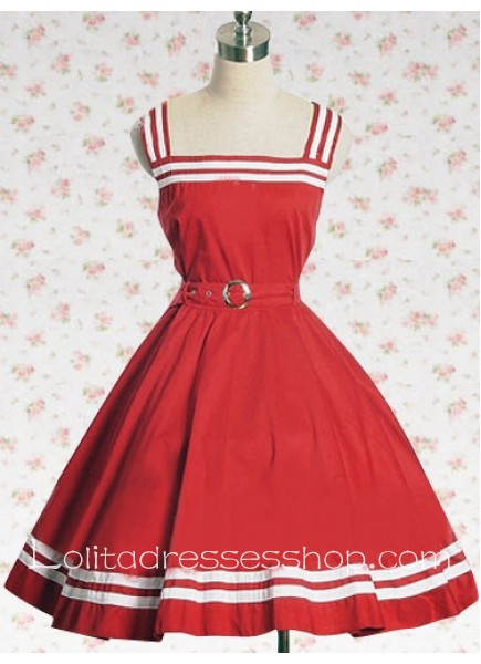 Sailor Style Cotton Square Sleeveless School Lolita Dress With White Ribbon Trim