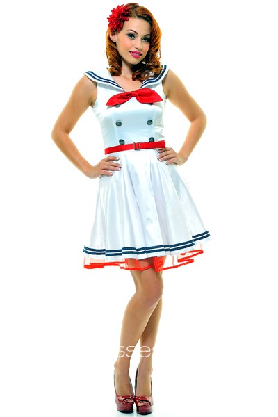 White Full Swing Sailor Dress With Red Trim