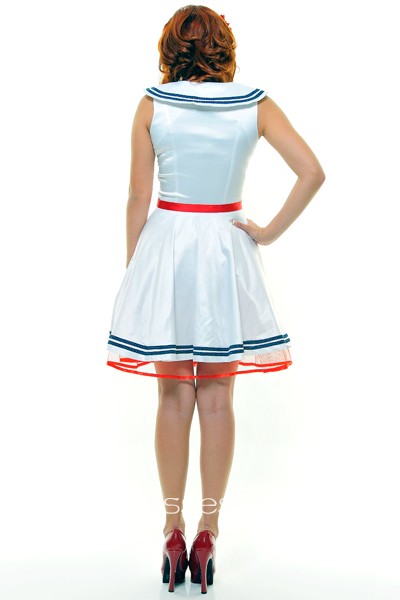 White Full Swing Sailor Dress With Red Trim