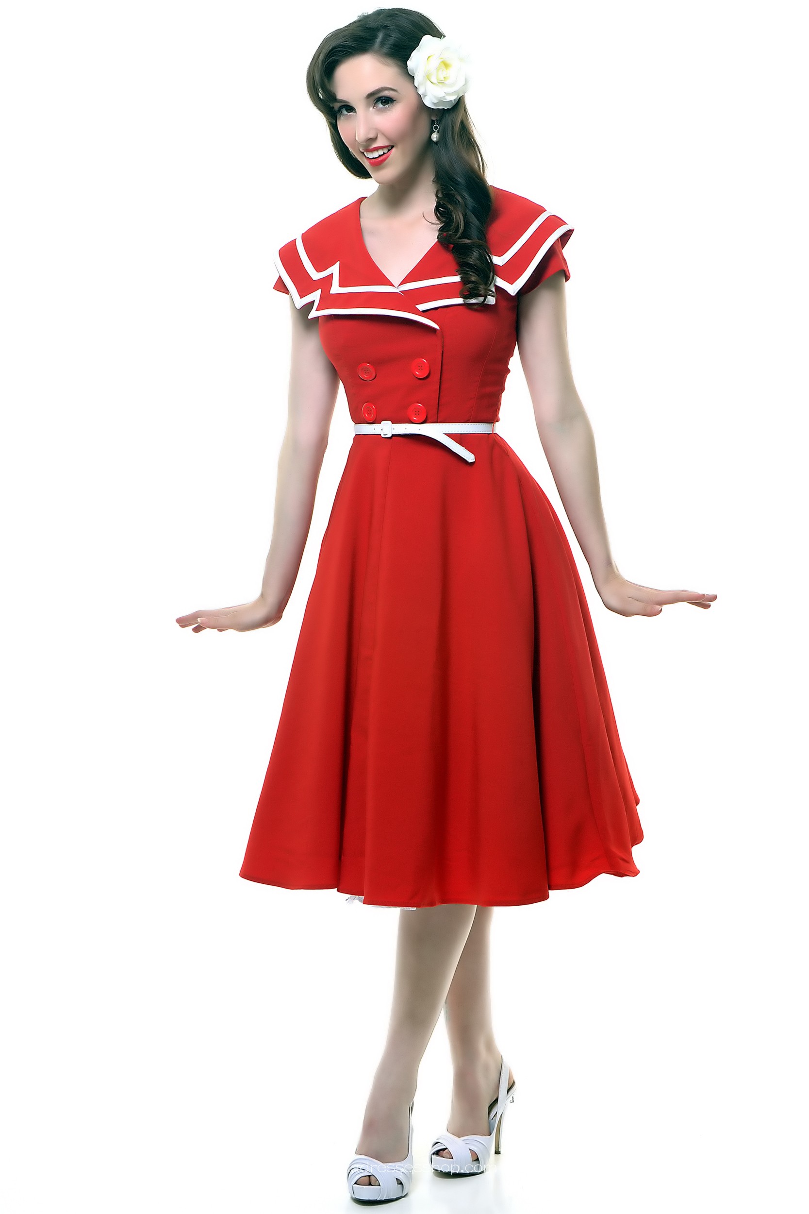 Red and White Bengaline Turndown Collar Short Sleeve Swing Dress