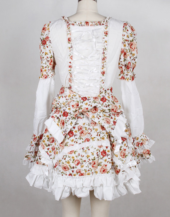 Short White Chiffon Square-collar Floral Print Long Sleeves Gothic Lolita Dress(Black available)