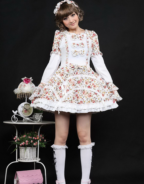 Short White Chiffon Square-collar Floral Print Long Sleeves Gothic Lolita Dress(Black available)