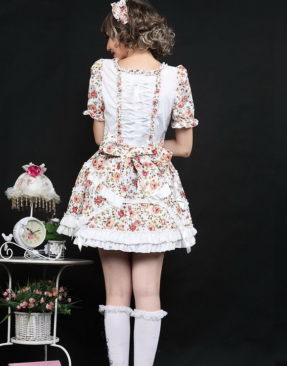 Short White Chiffon Square-collar Floral Print Long Sleeves Gothic Lolita Dress(Black available)