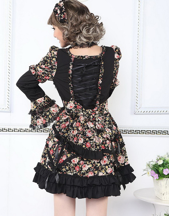 Short White Chiffon Square-collar Floral Print Long Sleeves Gothic Lolita Dress(Black available)