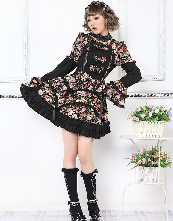 Short White Chiffon Square-collar Floral Print Long Sleeves Gothic Lolita Dress(Black available)