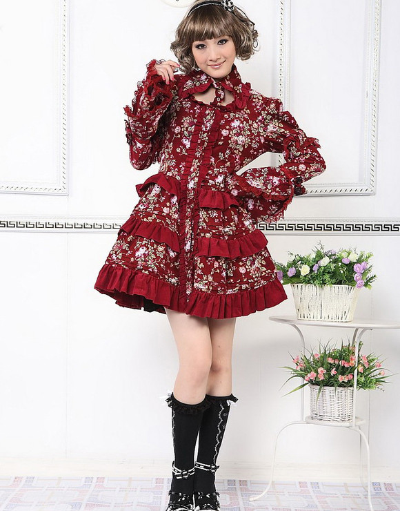 Red Cotton Square-collar Long Separable Sleeves Bow Gothic Lolita Dress