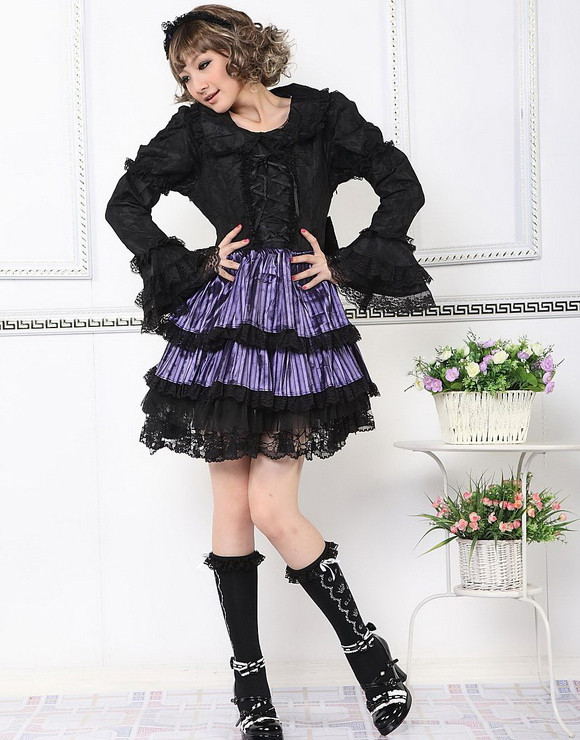 Short Purple Chiffon Round Neckline Long Sleeves Empire Waist Pleats Gothic Lolita Dress