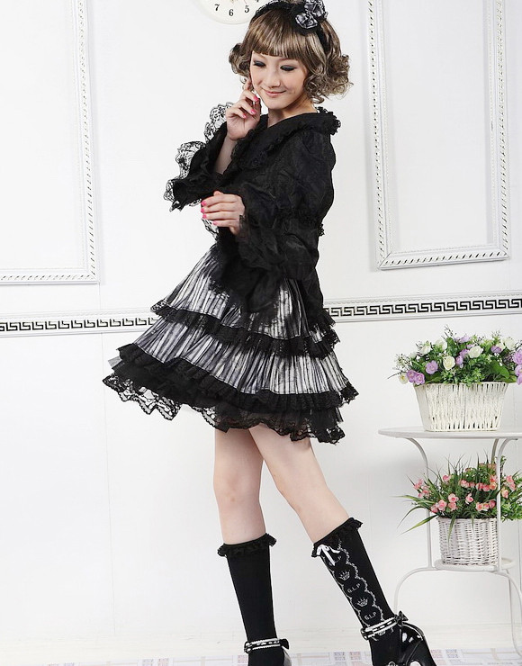 Short Purple Chiffon Round Neckline Long Sleeves Empire Waist Pleats Gothic Lolita Dress