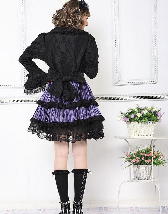 Short Purple Chiffon Round Neckline Long Sleeves Empire Waist Pleats Gothic Lolita Dress