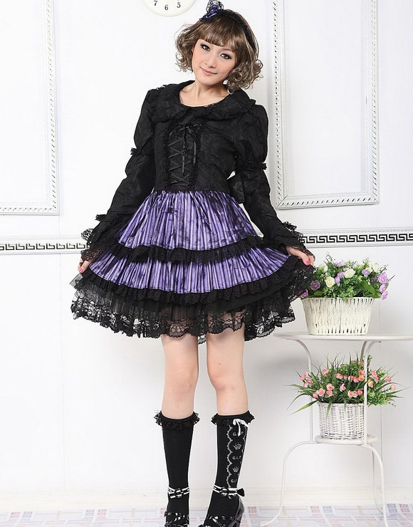 Short Purple Chiffon Round Neckline Long Sleeves Empire Waist Pleats Gothic Lolita Dress