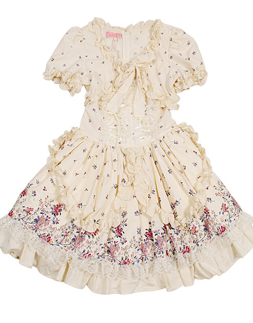 Short White Cotton Scoop Neckline Short Sleeve Floral Sweet Lolita Dress (Yellow available)