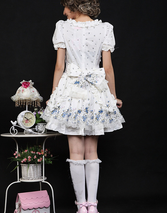 Short White Cotton Scoop Neckline Short Sleeve Floral Sweet Lolita Dress (Yellow available)