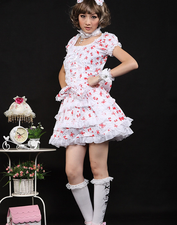 Short Red Cotton Square-collar Short Sleeve Bow Sweet Lolita Dress