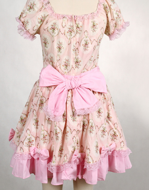 Short Pink Cotton Square-collar Short Sleeve Floral Sweet Lolita Dress