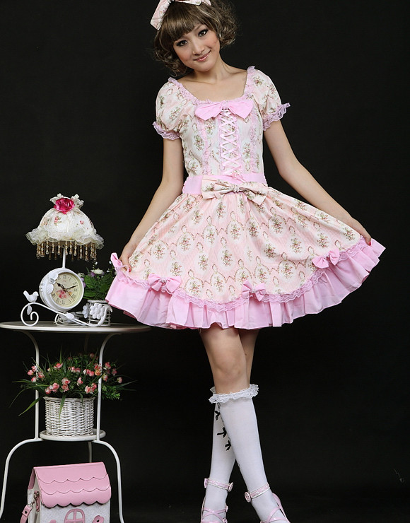 Short Pink Cotton Square-collar Short Sleeve Floral Sweet Lolita Dress