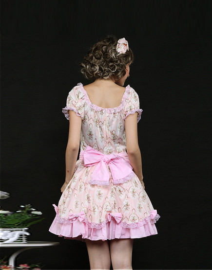 Short Pink Cotton Square-collar Short Sleeve Floral Sweet Lolita Dress