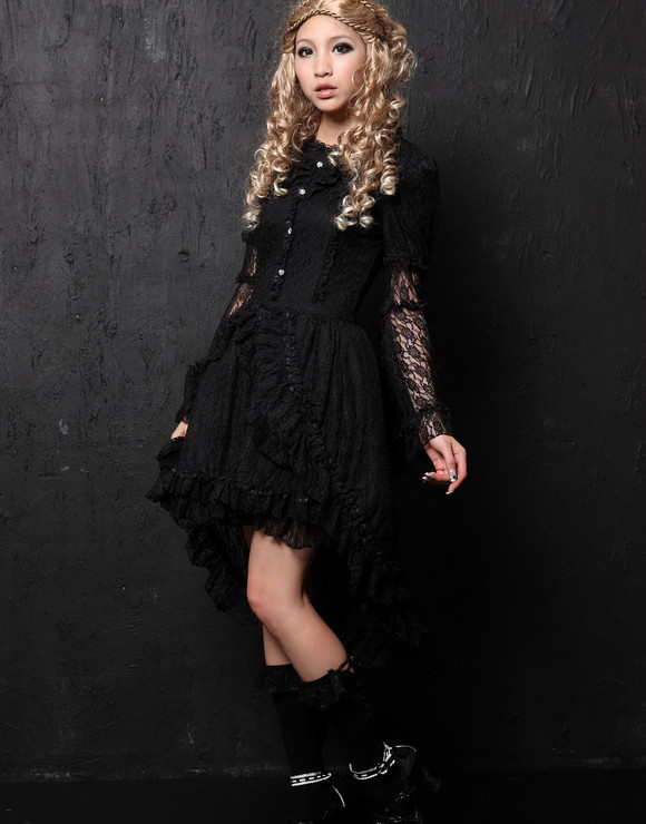 White Cotton Round Neckline multi-layered bell Sleeve asymmetric lace gothic Lolita dress (balck available)