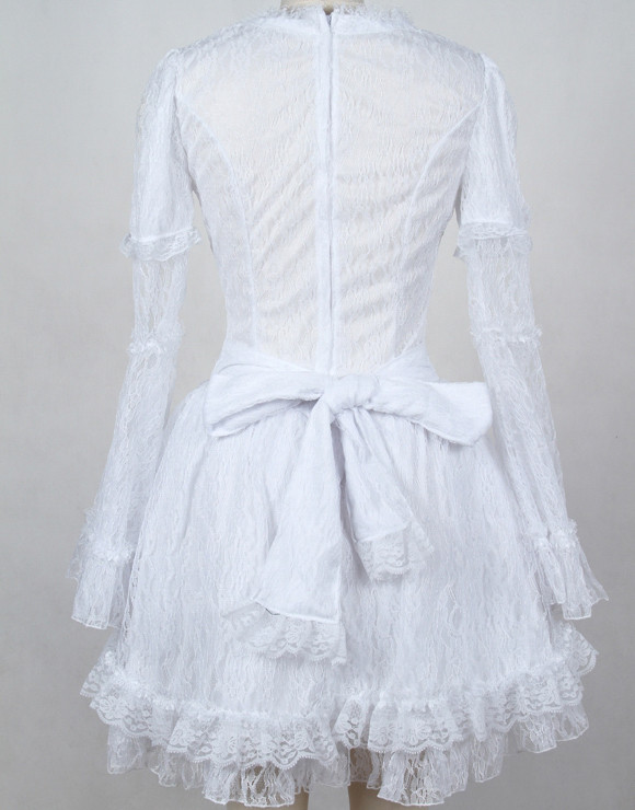 White Cotton Round Neckline multi-layered bell Sleeve asymmetric lace gothic Lolita dress (balck available)