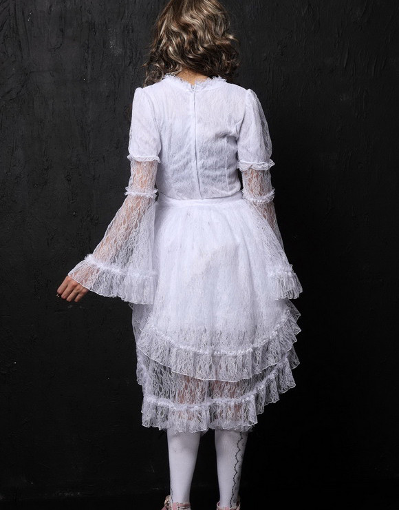 White Cotton Round Neckline multi-layered bell Sleeve asymmetric lace gothic Lolita dress (balck available)