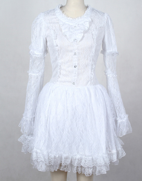 White Cotton Round Neckline multi-layered bell Sleeve asymmetric lace gothic Lolita dress (balck available)