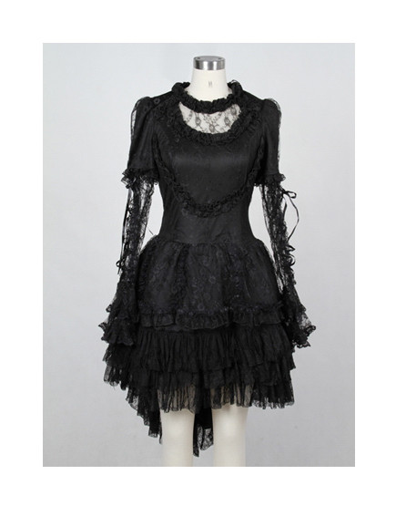 White Cotton Round Neckline bell sleeves multi-layered flounced kuro gothic lolita dress (Black sleeve available)