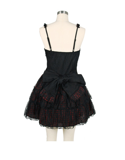 Red Cotton Square-collar Sleeveless multi-layered strapped plaid cotton camisole Lolita dress