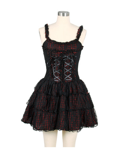 Red Cotton Square-collar Sleeveless multi-layered strapped plaid cotton camisole Lolita dress