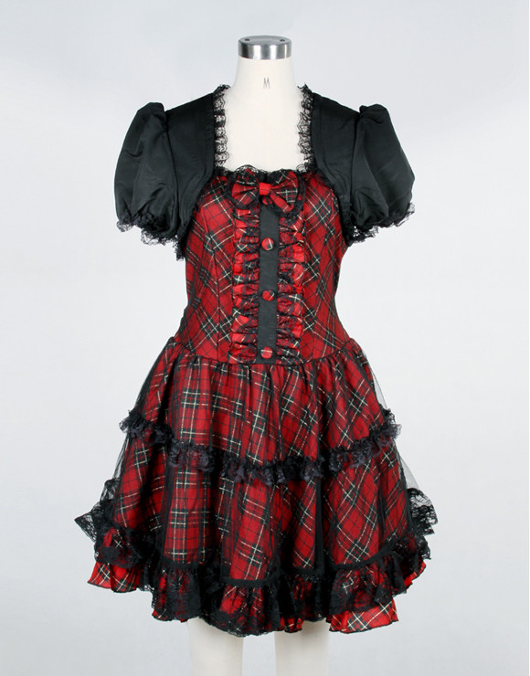 Red Cotton Square-collar Short Sleeve Bow Gothic Lolita Dress(Purple available)