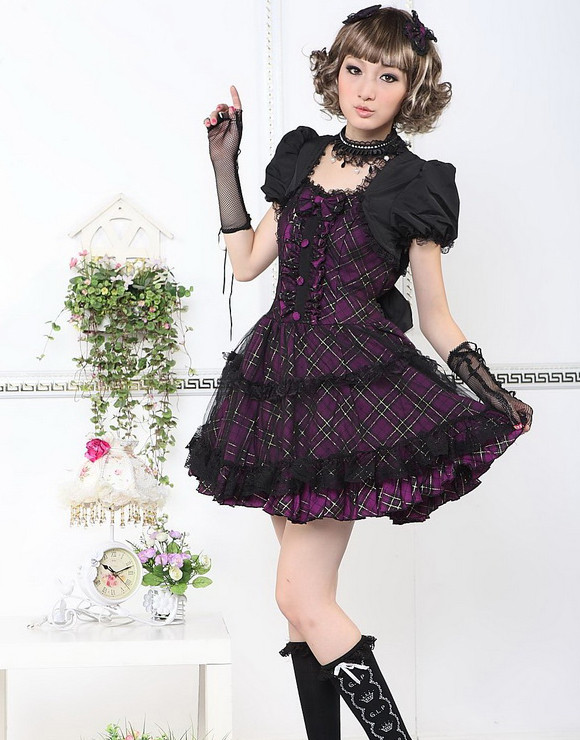 Red Cotton Square-collar Short Sleeve Bow Gothic Lolita Dress(Purple available)